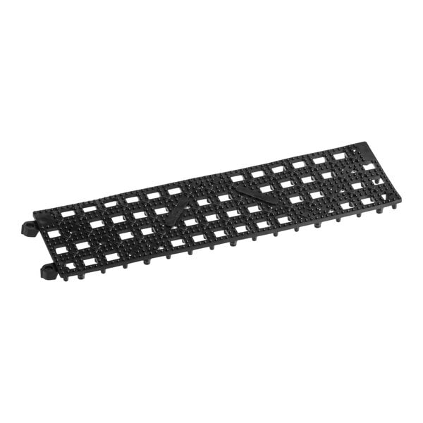 A black plastic interlocking bar mat strip with a grid pattern, measuring 12 inches in length.