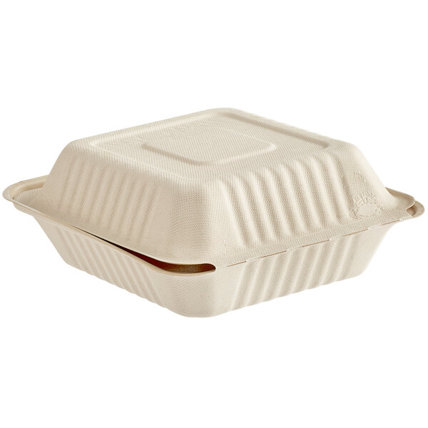 A white Footprint Bagasse take-out container with a lid.