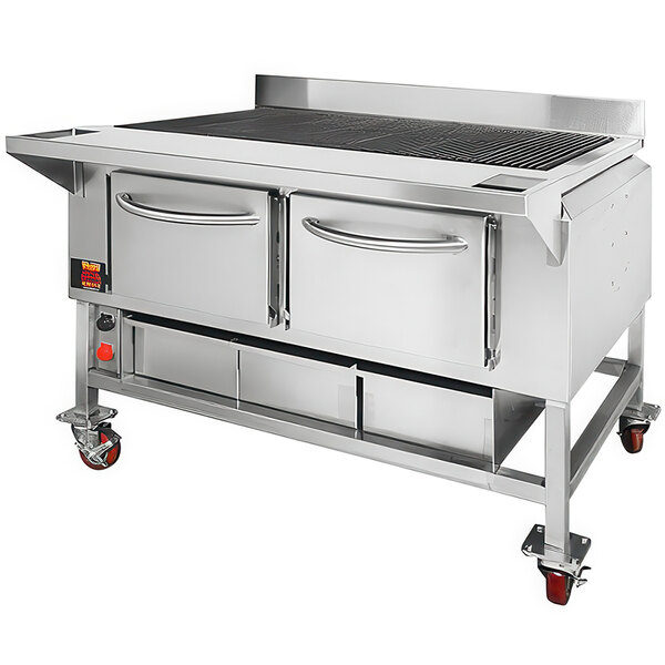 A large stainless steel Champion Tuff Grills wood burning grill on wheels.