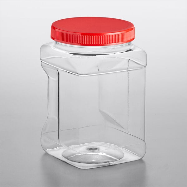 A 64 oz. clear square PET plastic jar with a red lid.