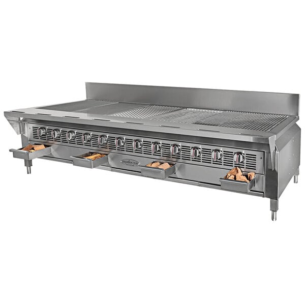 A Champion Tuff natural gas countertop charbroiler with 6 wood chip drawers on a school kitchen counter.