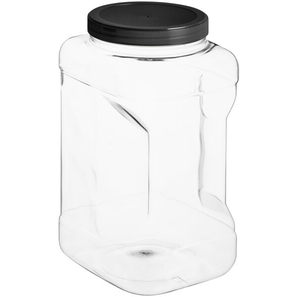 A 1 gallon clear PET plastic jar with a black lid.