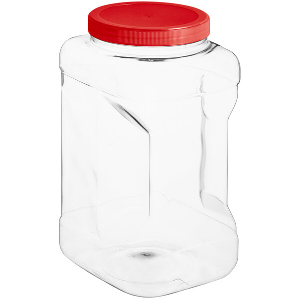 A clear plastic 1 gallon square PET jar with a red lid.