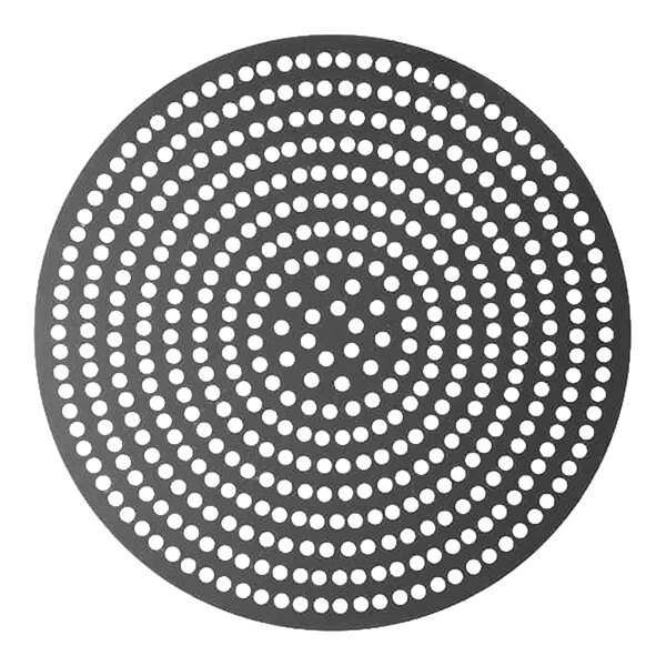 An American Metalcraft hard coat anodized aluminum circular pizza disk with holes.