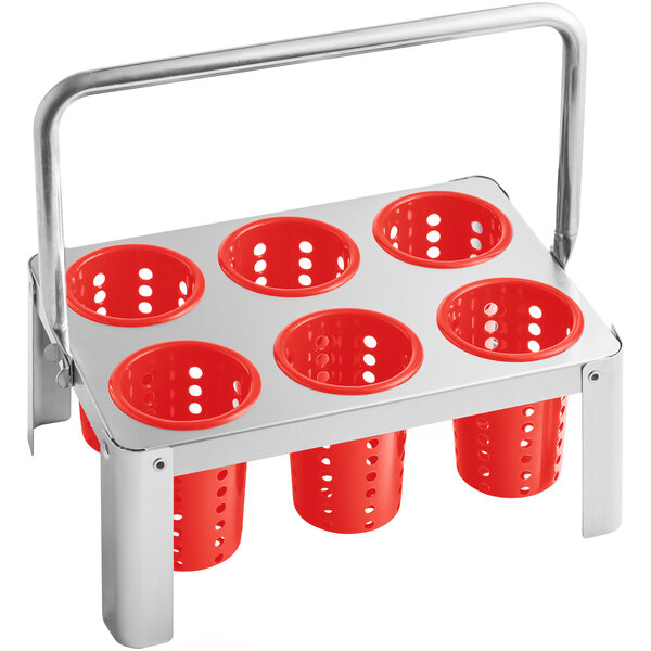 A metal rack with 6 red perforated cylinders on it.