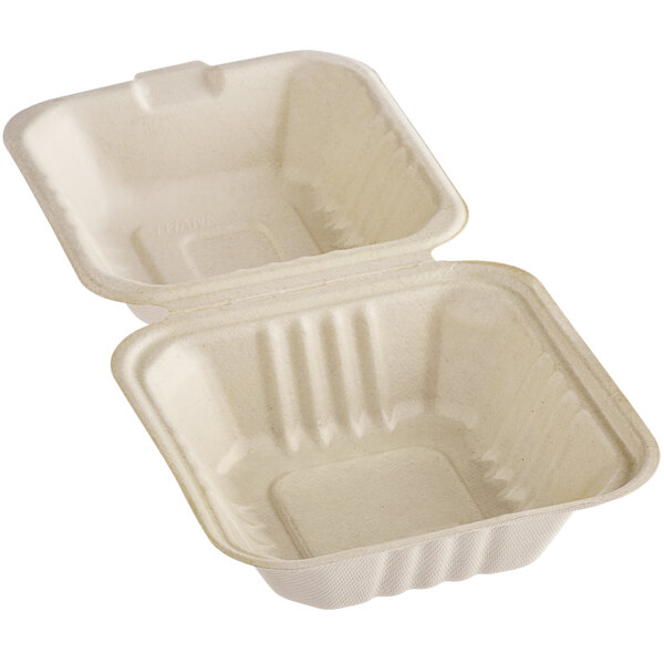 Two Footprint Bagasse take-out containers with lids on a white background.