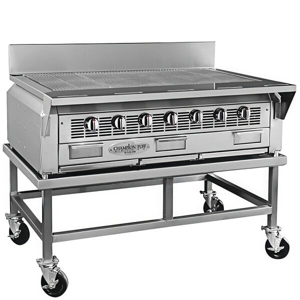 A large stainless steel Champion countertop charbroiler with four burners.