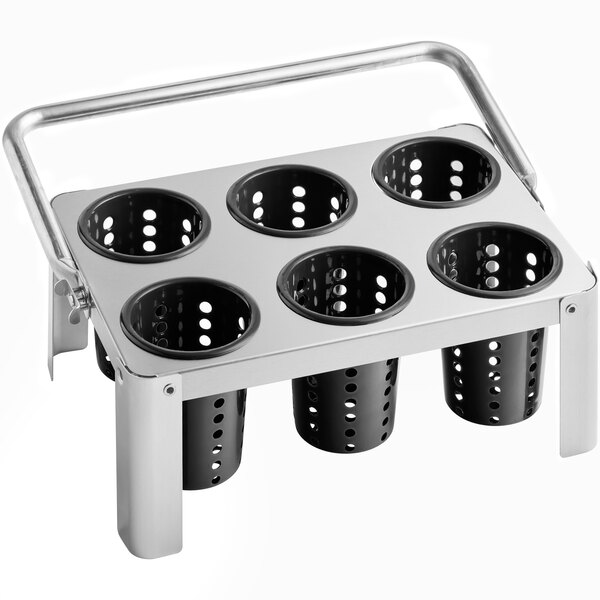 A metal tray with 6 black perforated cylinders on it.