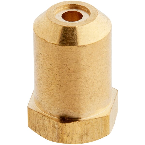 A brass Cooking Performance Group natural gas burner orifice with a hole.