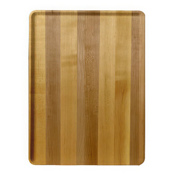 A light butcher block wood tray with stripes on the surface.