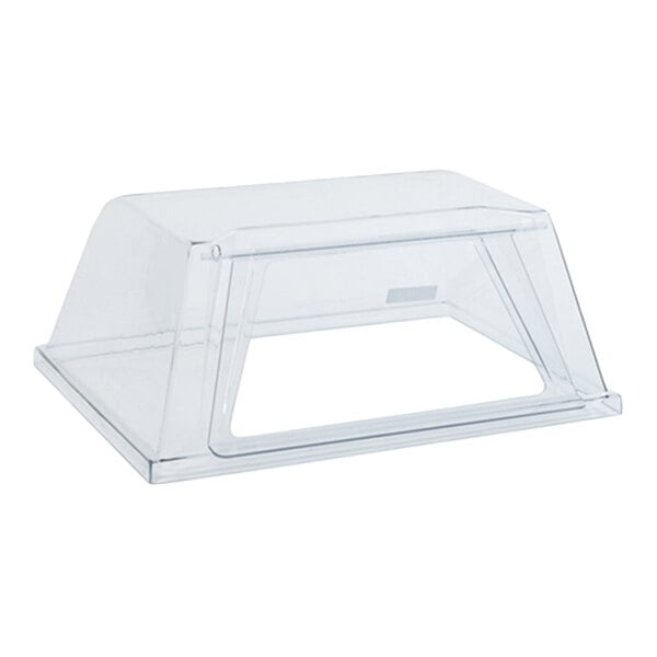 A clear, rectangular, polycarbonate sneeze guard with an angled front opening.