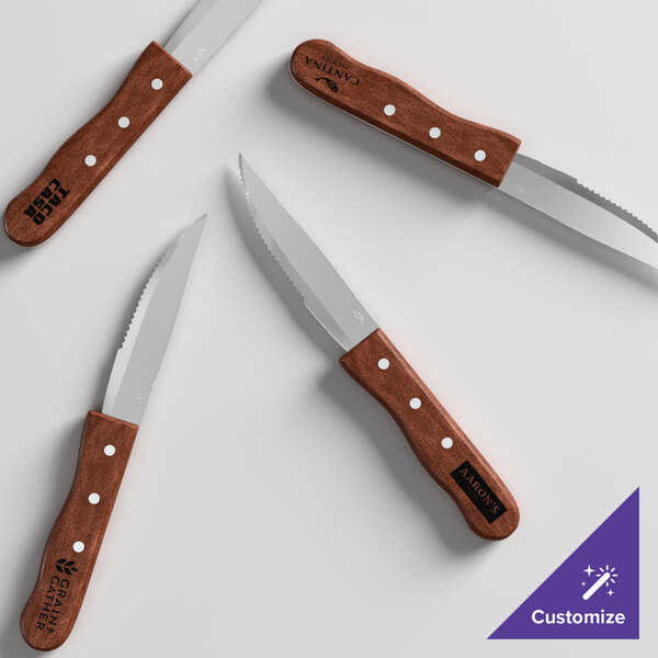 A set of four steak knives with serrated stainless steel blades and natural finish pakkawood handles.
