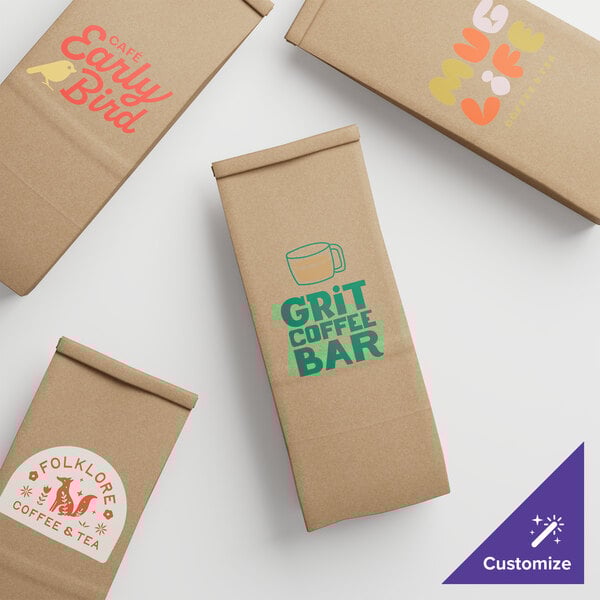 A brown Kraft paper coffee bag with a white logo.