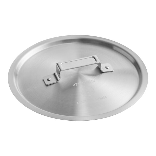 A domed aluminum pot or pan cover with a flat handle.