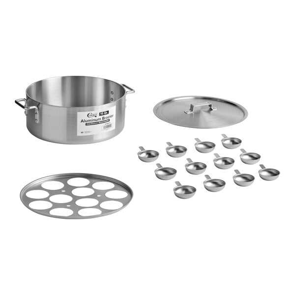 A 12-cup egg poacher set including a large pot, a lid, a poaching insert, and twelve individual poaching cups.