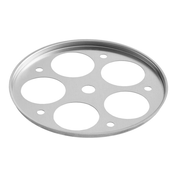 A round aluminum egg poacher insert with five large slots and several smaller holes, designed for a 3-quart sauté pan.