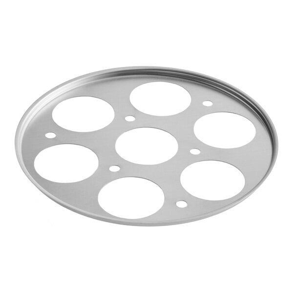 A round aluminum egg poacher insert with seven large slots designed for use in a 5-quart sauté pan.