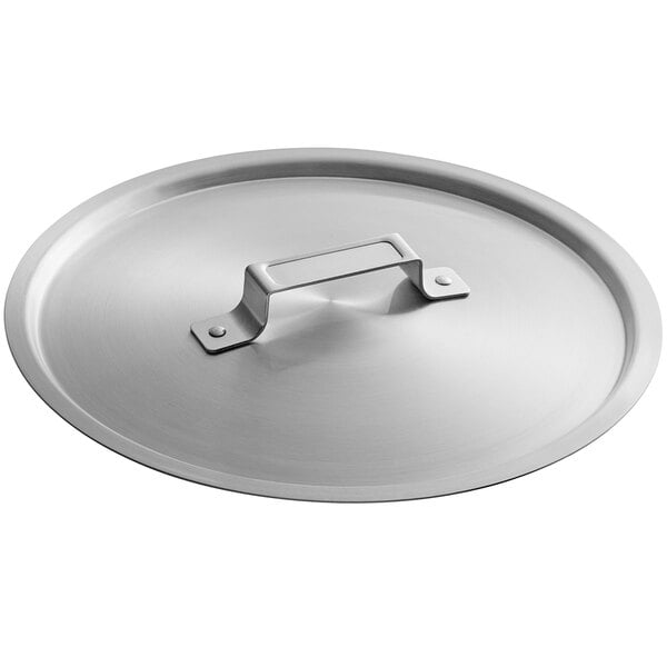 A silver domed aluminum lid with a handle.