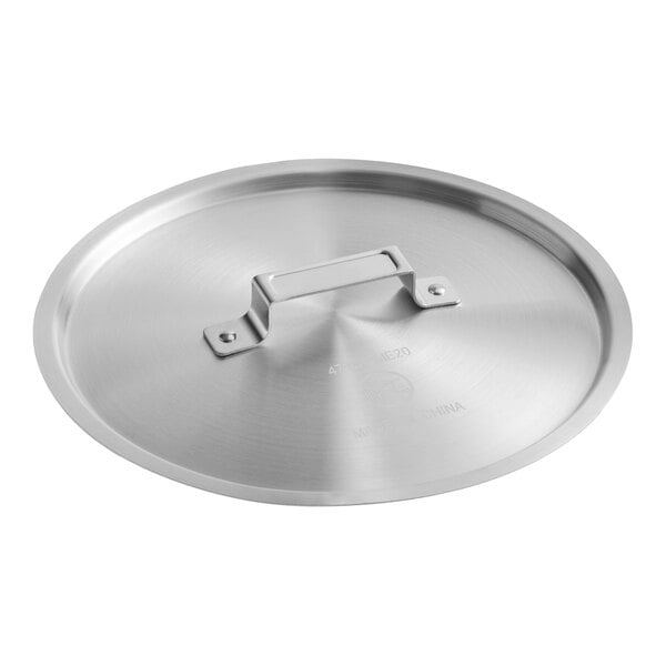 A 12-inch domed aluminum pot or pan cover with a flat handle.