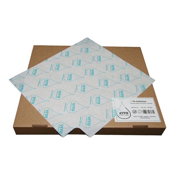 A cardboard box with a white label that reads "Vito Fryfilter Filter VX Fryer Oil Particle Filter for VITO X-Series"