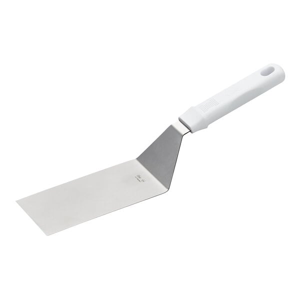 A metal square edge turner with a white polypropylene handle.