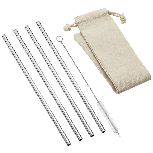 A set of 4 stainless steel straws with a bag.