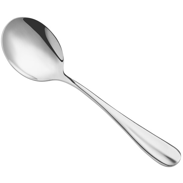 An Acopa Brigitte stainless steel bouillon spoon with a silver handle.