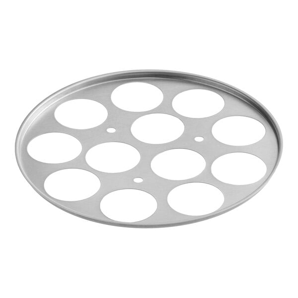 A round aluminum egg poacher inset with 12 slots designed for use with a 7-quart saute pan or 15-quart brazier.