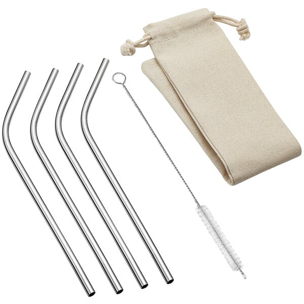 A set of 4 stainless steel bent straws with a cleaning brush in a pouch.