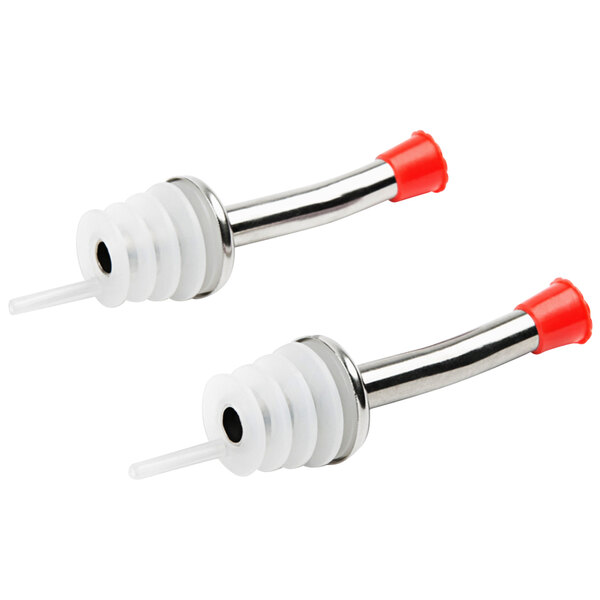 A close-up of two Fox Run stainless steel liquor pourers with red plastic caps.