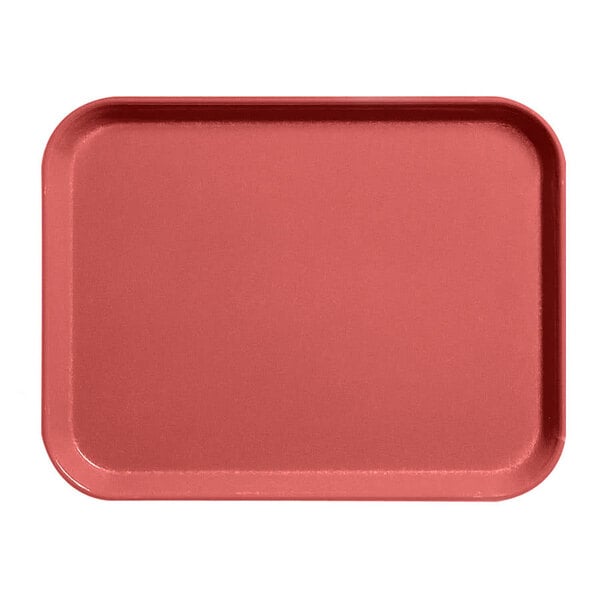 A red Cambro rectangular tray on a counter.