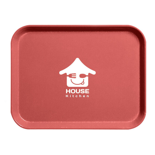 A red rectangular Cambro tray with a white house logo on it.