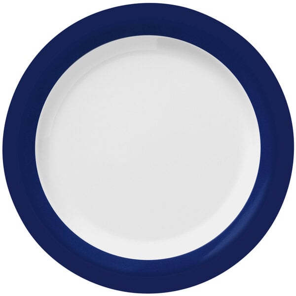 A white Libbey melamine plate with a blue and white rim.