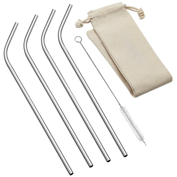 A set of 4 stainless steel bent straws with a bag and brush.