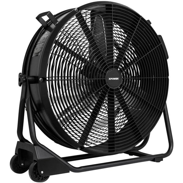 An XPOWER black drum fan on wheels.