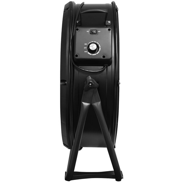 An XPOWER black drum fan on a stand.