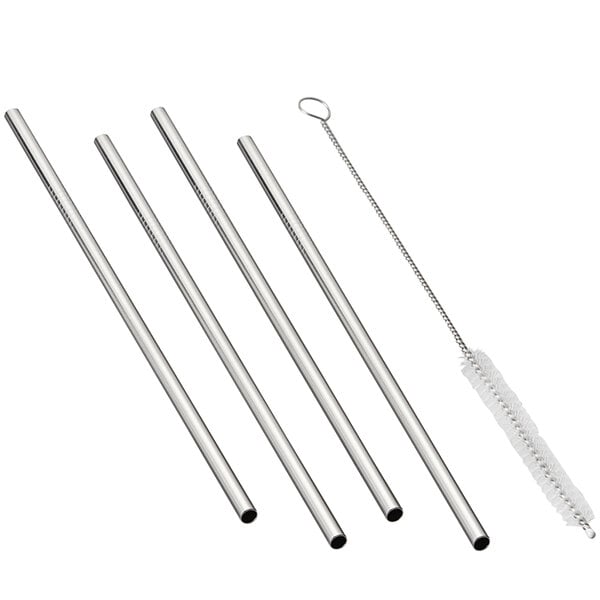 A 4-pack of Outset stainless steel straws with a brush.