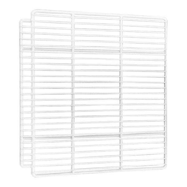 A white metal wire shelf with a rectangular grid pattern, shown against a plain background.