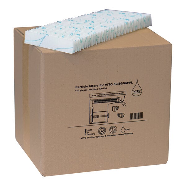 A cardboard box with a stack of Vito Fryfilter oil filters inside.