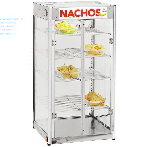 A Cretors Nacho Alto Holding Cabinet with a glass display case of nachos.