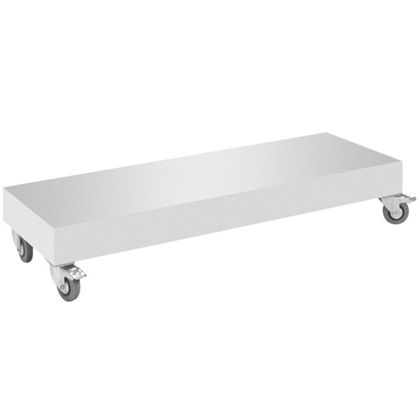 A white rectangular base with wheels for Rotisol France Rotisseries.