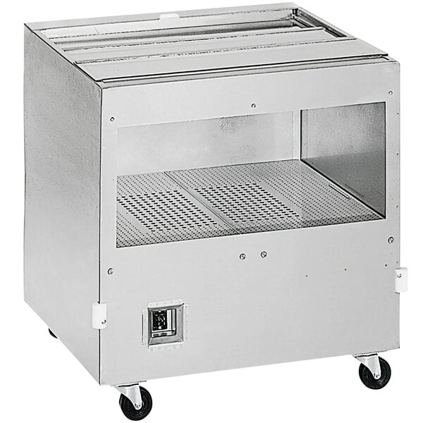 A stainless steel metal box with a glass door.
