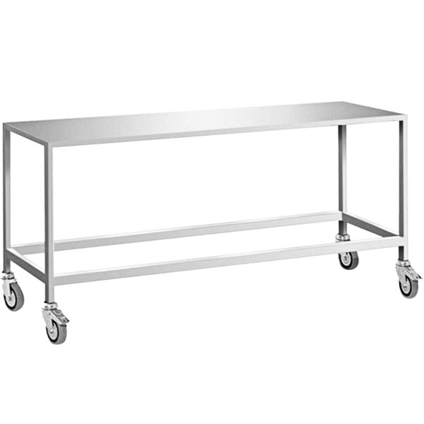 a white rectangular table with a metal frame