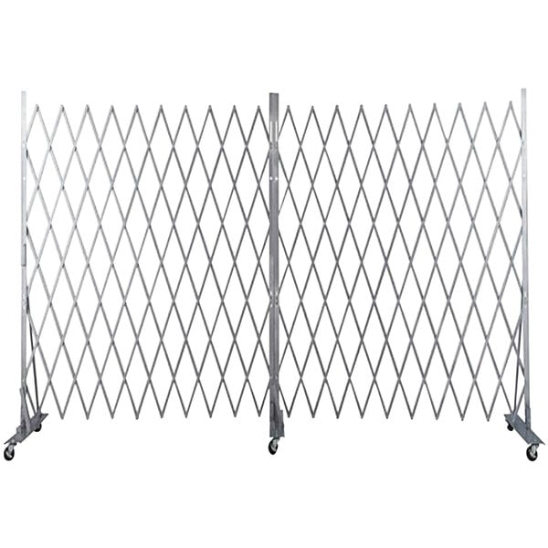 A pair of Versare Lock-N-Block folding metal security gates with wheels.