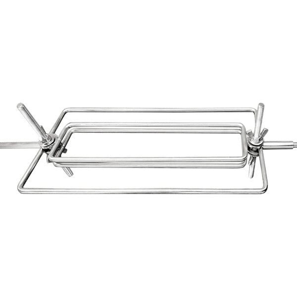 A stainless steel Rotisol-France Lamb / Suckling Pig Spit with two handles.