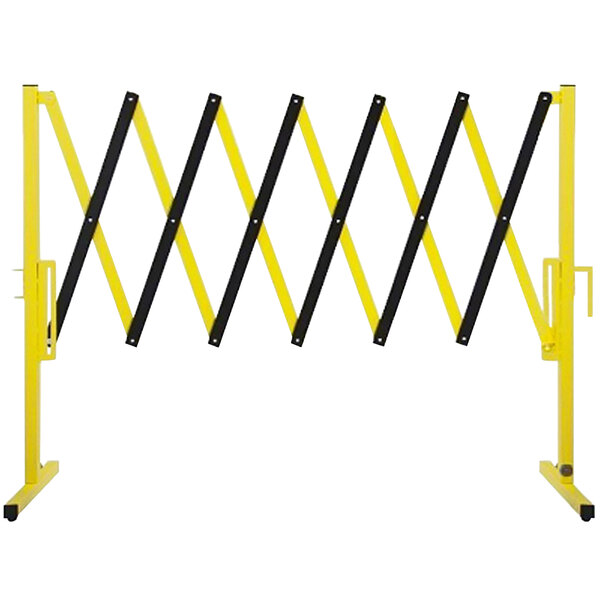 A yellow and black Versare portable safety gate with wheels.