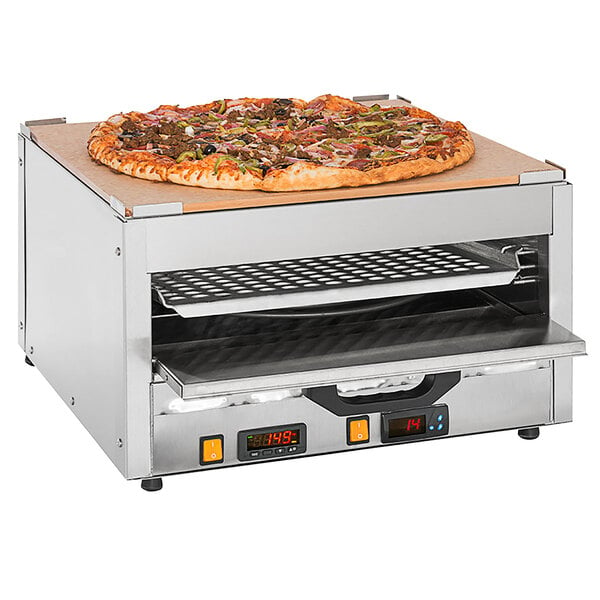 a pizza on a pizza oven