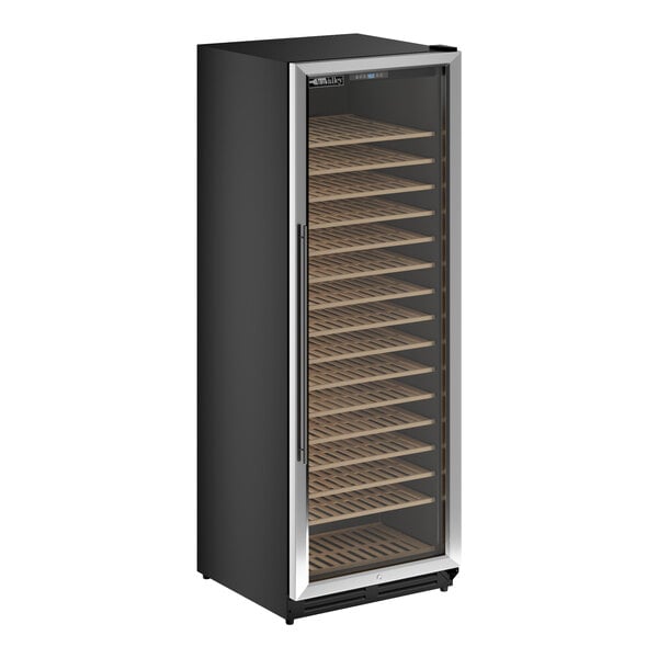 A tall, single temperature commercial wine cooler with a full glass door and multiple wooden shelves.
