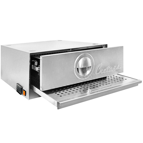A Cretors stainless steel hot dog bun warmer with a drawer open.