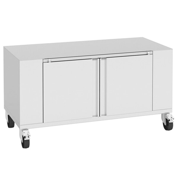 A white Rotisol-France base cabinet with doors on black wheels.